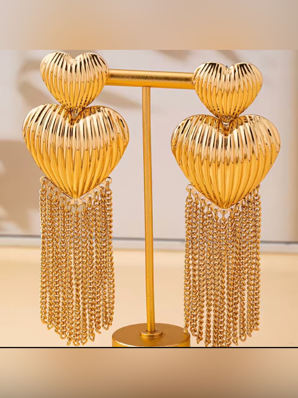 Gold Heart Tassel Drop Earrings - Picture 3 of 9